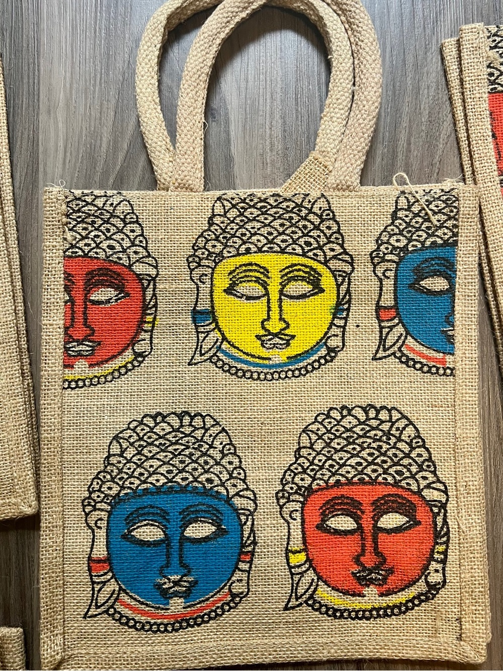 Handcrafted Jute Tote Bag with Colorful prints - Multicolor